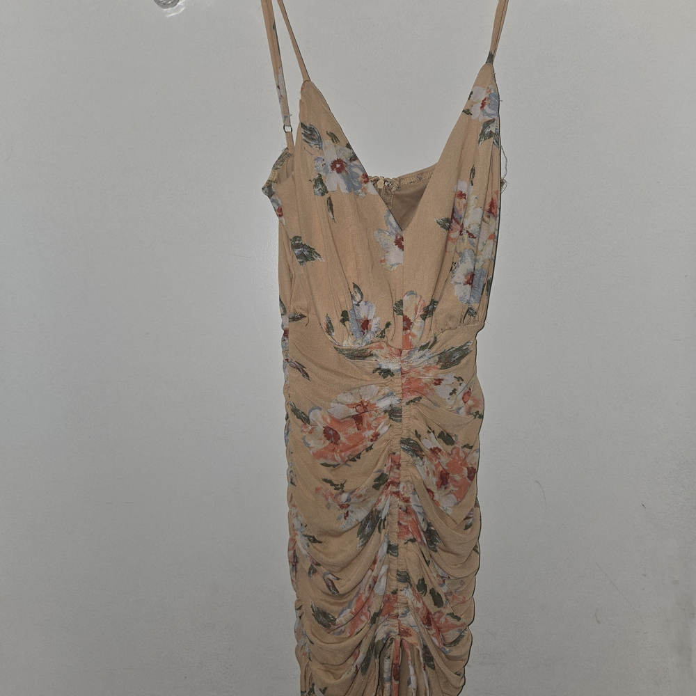 Floral Tan Ruched Dress